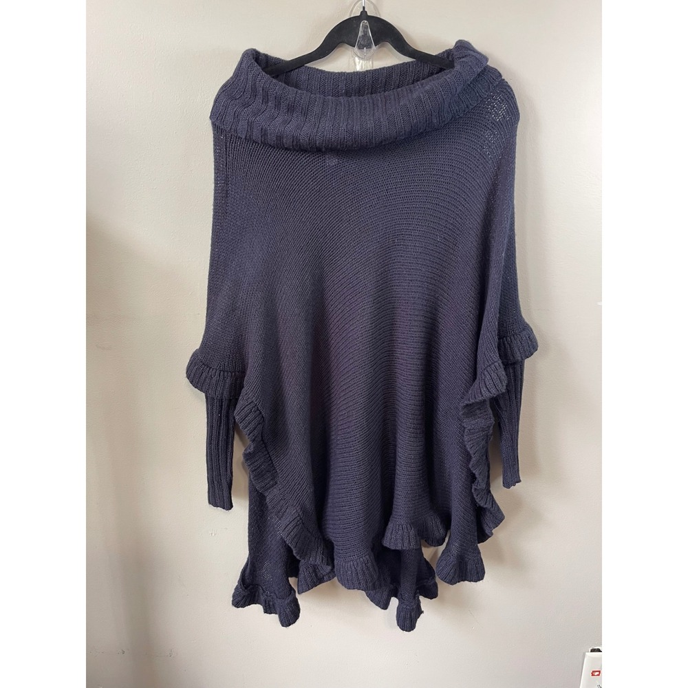 Navy Blue Cowl Neck Ruffle Trim Poncho Sweater Ribbed Sleeves pullover casual